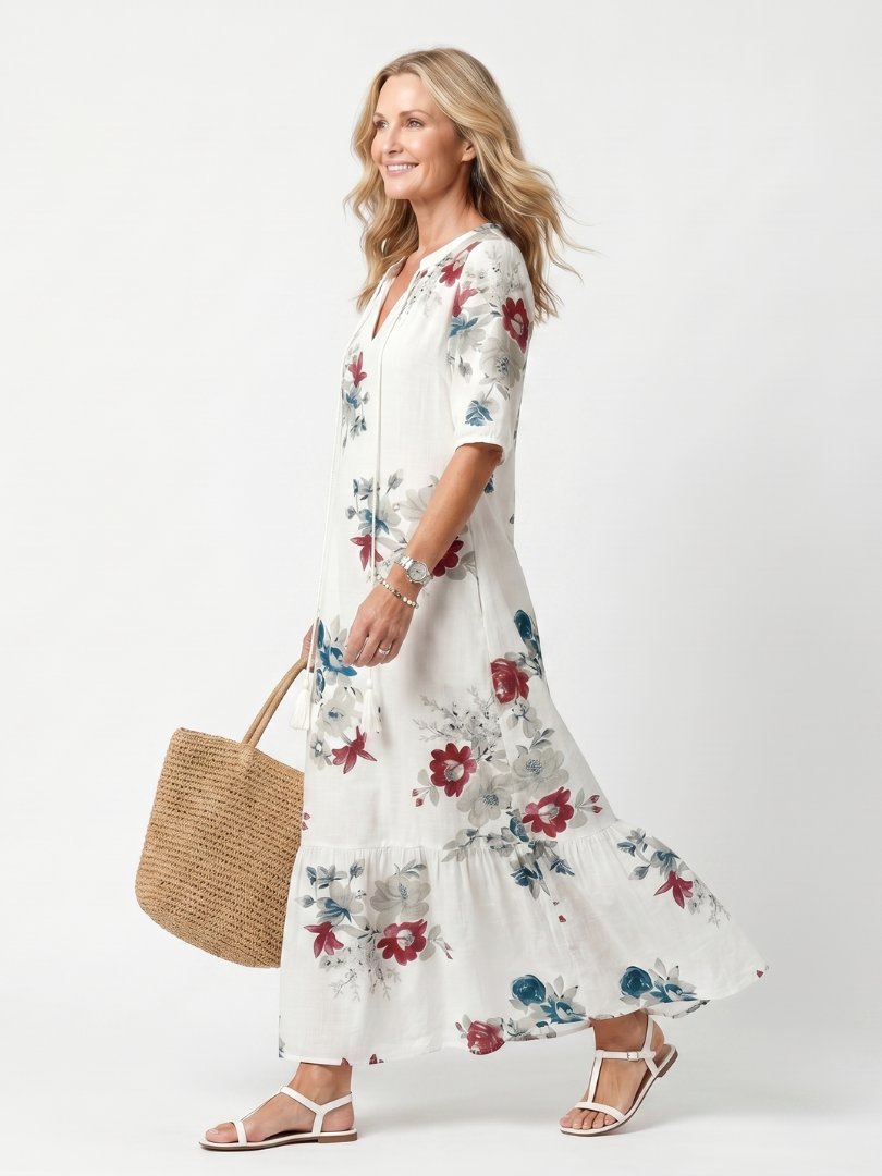 Maeva | Scattered Floral Tassel Tie Midi Dress Front