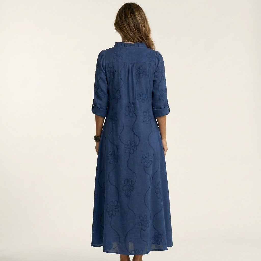 Mariam | Cotton-Linen Maxi Dress with Tonal Floral Embroidery Alternate
