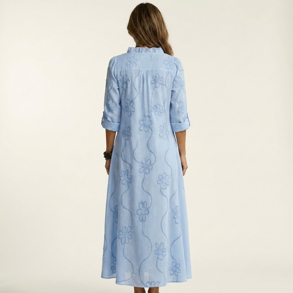 Mariam | Cotton-Linen Maxi Dress with Tonal Floral Embroidery Angle