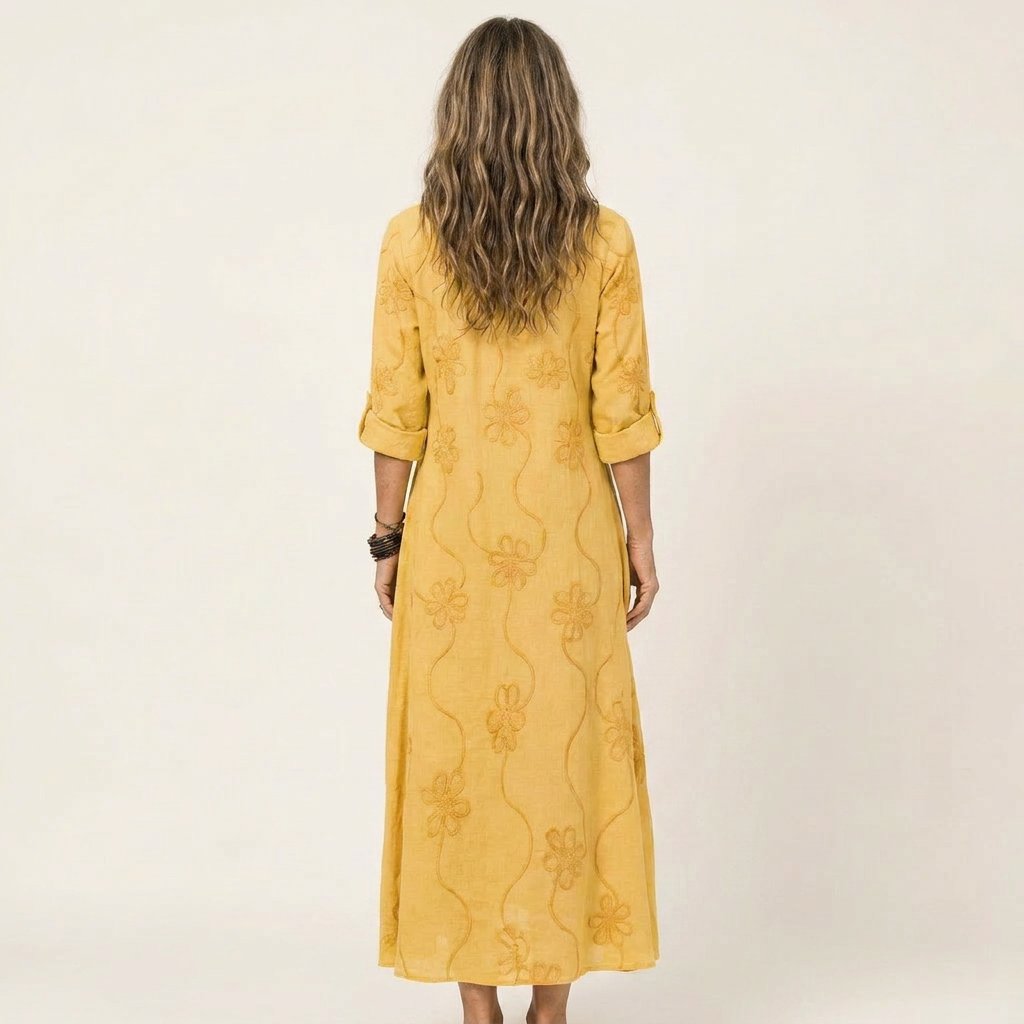 Mariam | Cotton-Linen Maxi Dress with Tonal Floral Embroidery Close Up