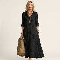 Mariam | Cotton-Linen Maxi Dress with Tonal Floral Embroidery Detail