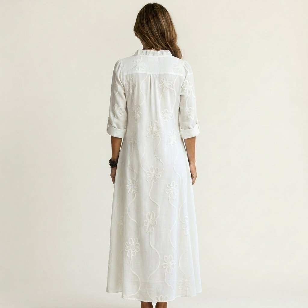 Mariam | Cotton-Linen Maxi Dress with Tonal Floral Embroidery Front