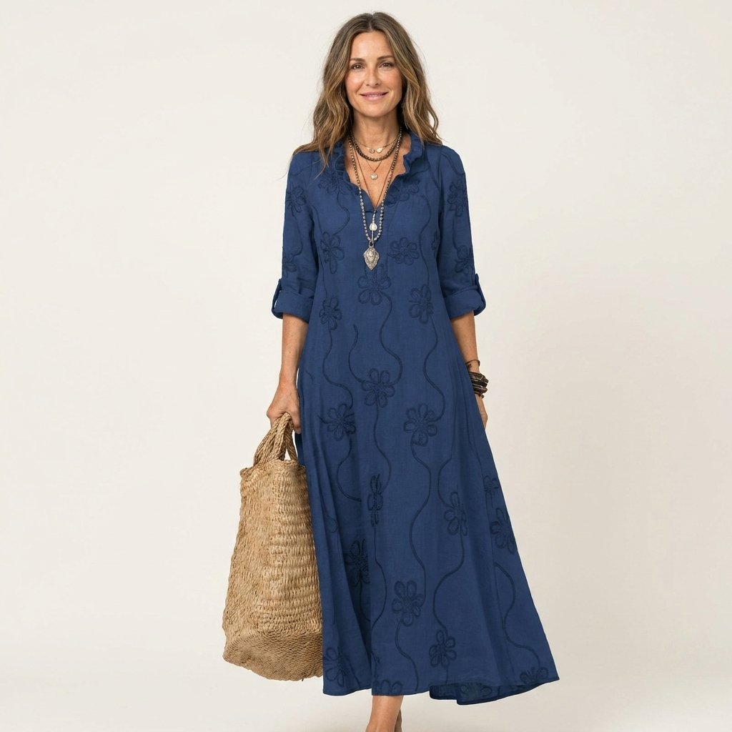 Mariam | Cotton-Linen Maxi Dress with Tonal Floral Embroidery Full