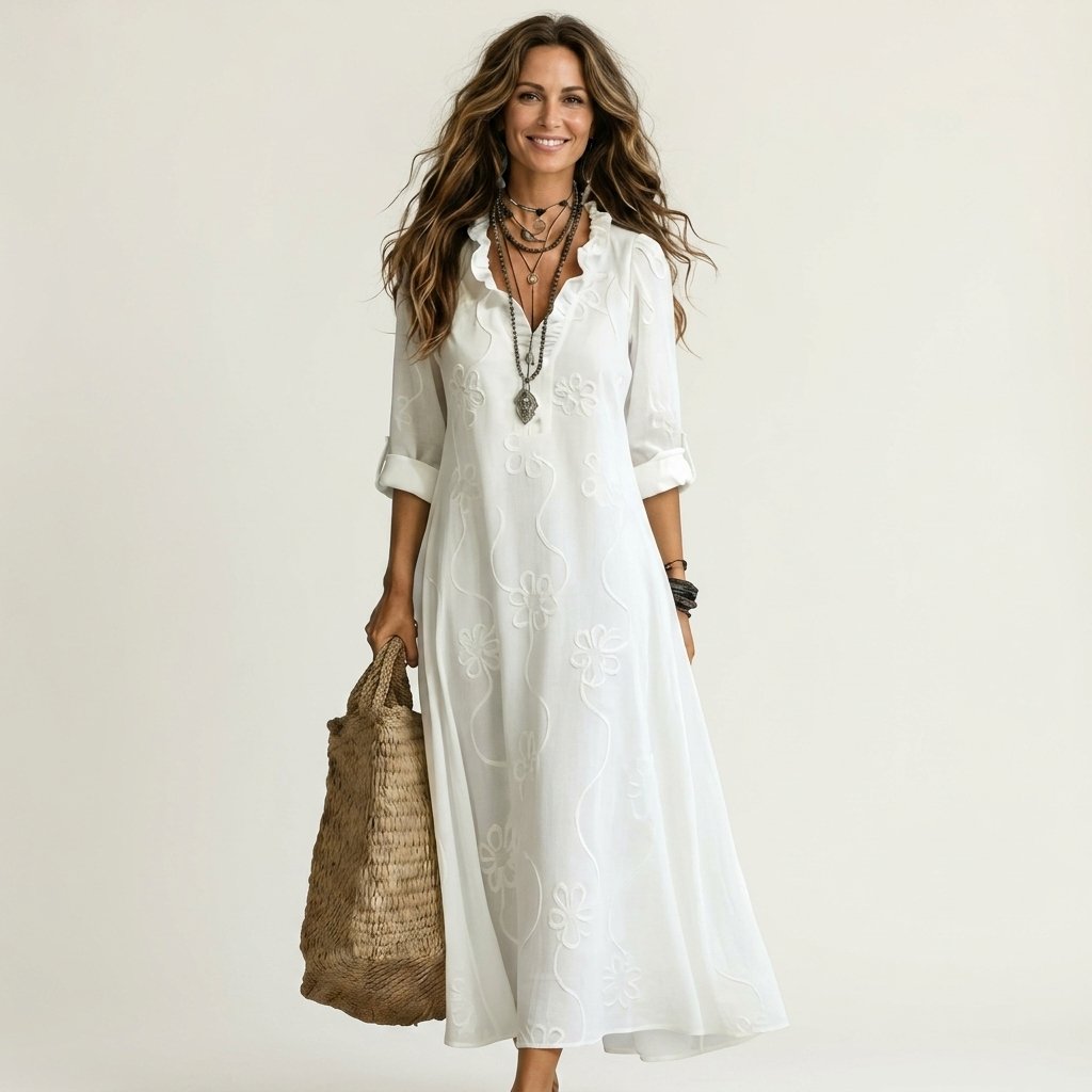 Mariam | Cotton-Linen Maxi Dress with Tonal Floral Embroidery Hero