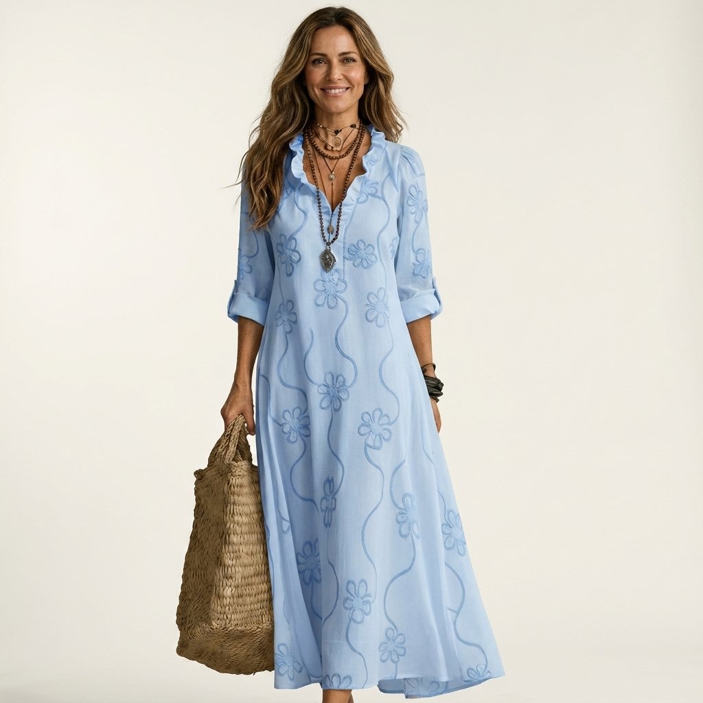 Mariam | Cotton-Linen Maxi Dress with Tonal Floral Embroidery Lifestyle