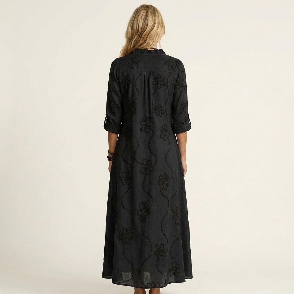 Mariam | Cotton-Linen Maxi Dress with Tonal Floral Embroidery Side