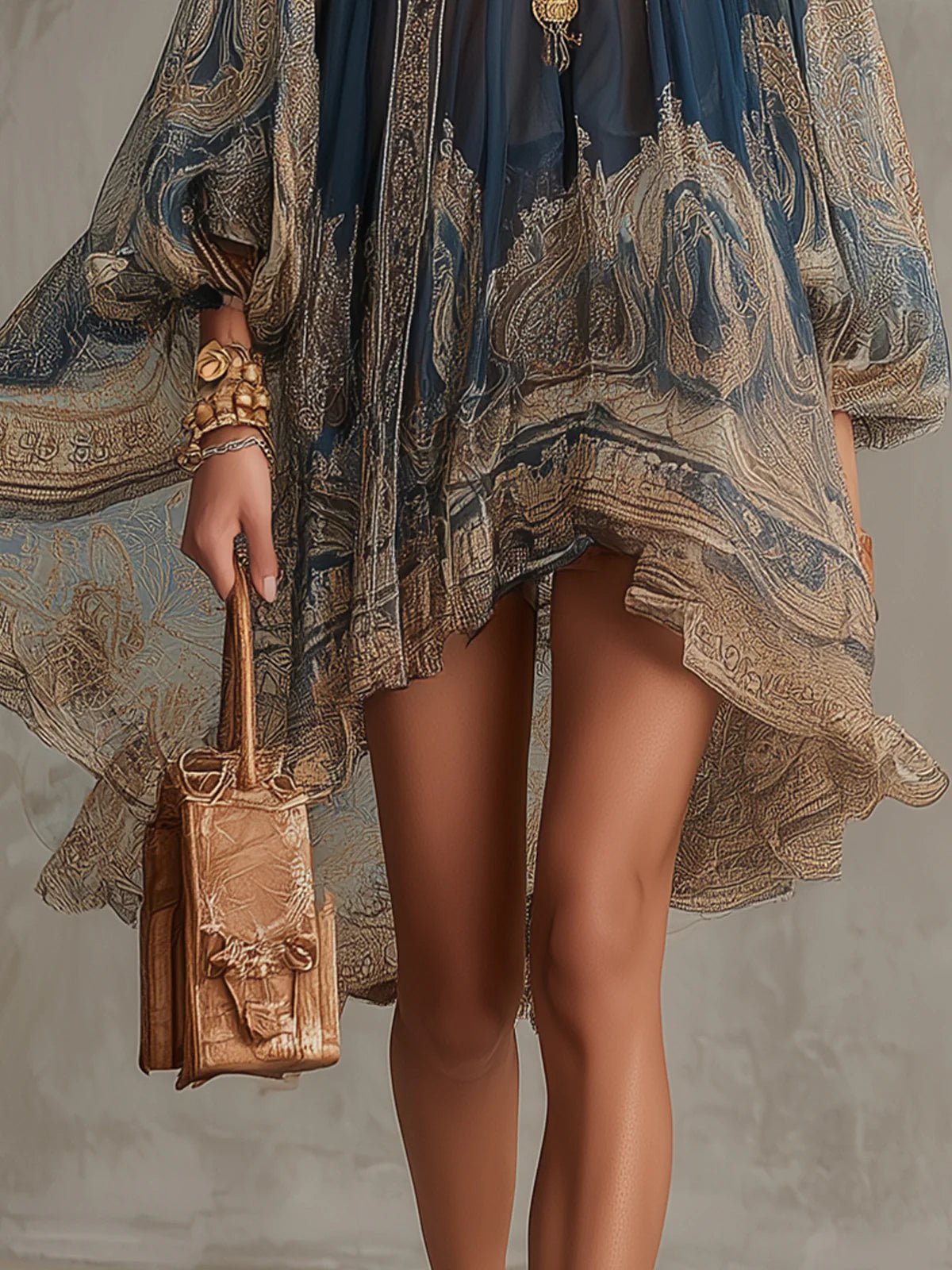 Marianna | Mini dress in navy blue chiffon with golden baroque print Back