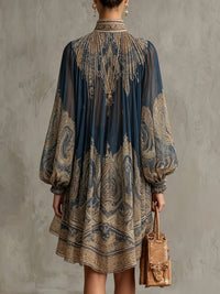 Marianna | Mini dress in navy blue chiffon with golden baroque print Front