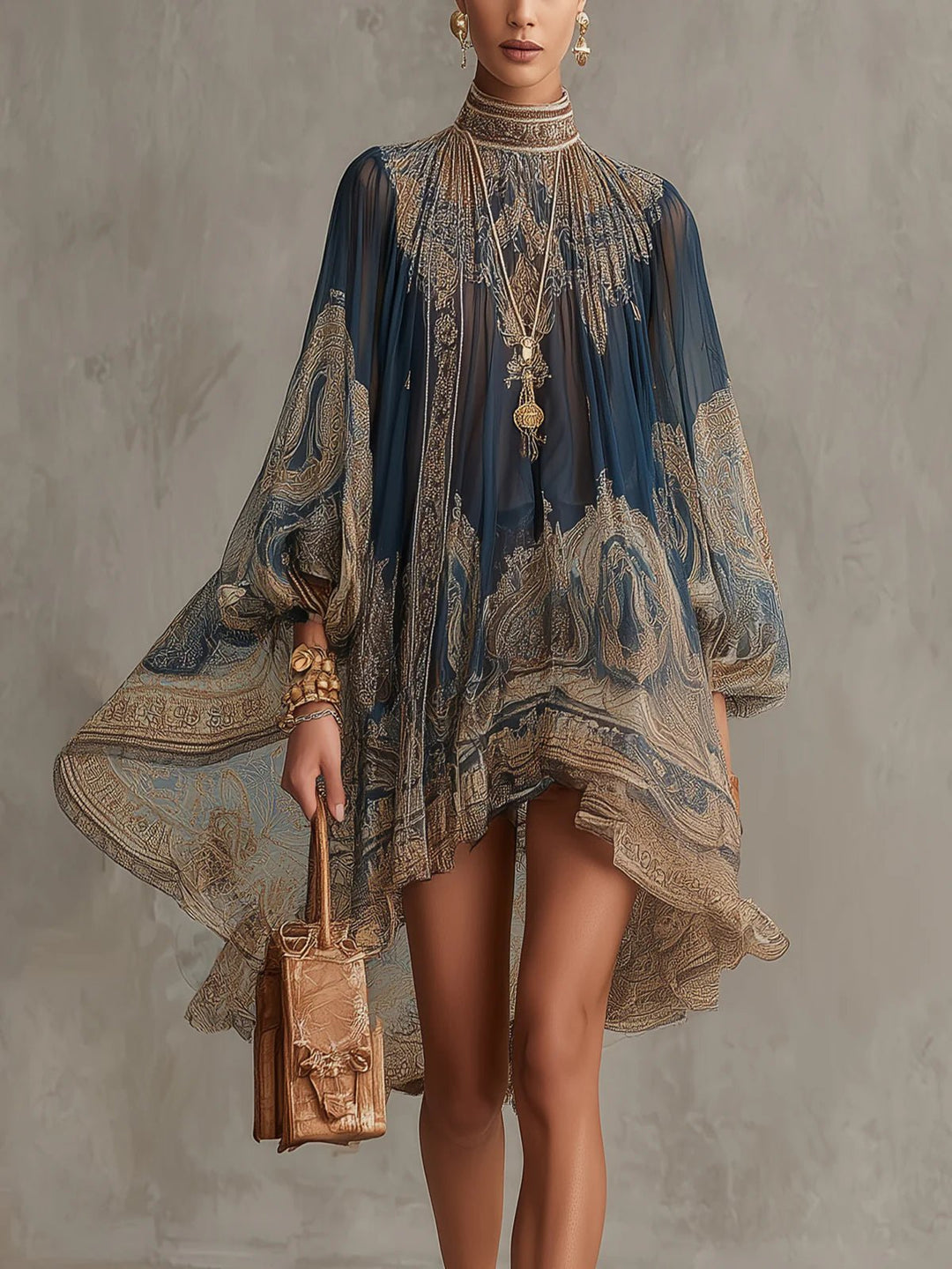 Marianna | Mini dress in navy blue chiffon with golden baroque print Hero