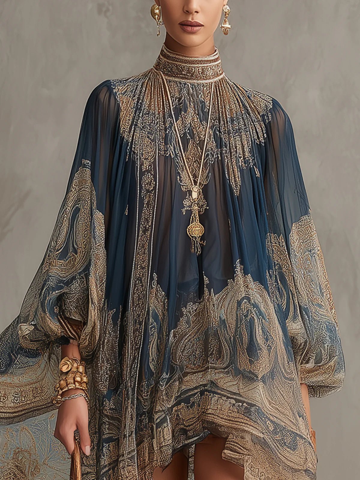 Marianna | Mini dress in navy blue chiffon with golden baroque print Side