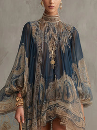 Marianna | Mini dress in navy blue chiffon with golden baroque print Side