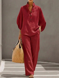 Maribel | Set with Batwing Sleeves and Wide Pants Close Up