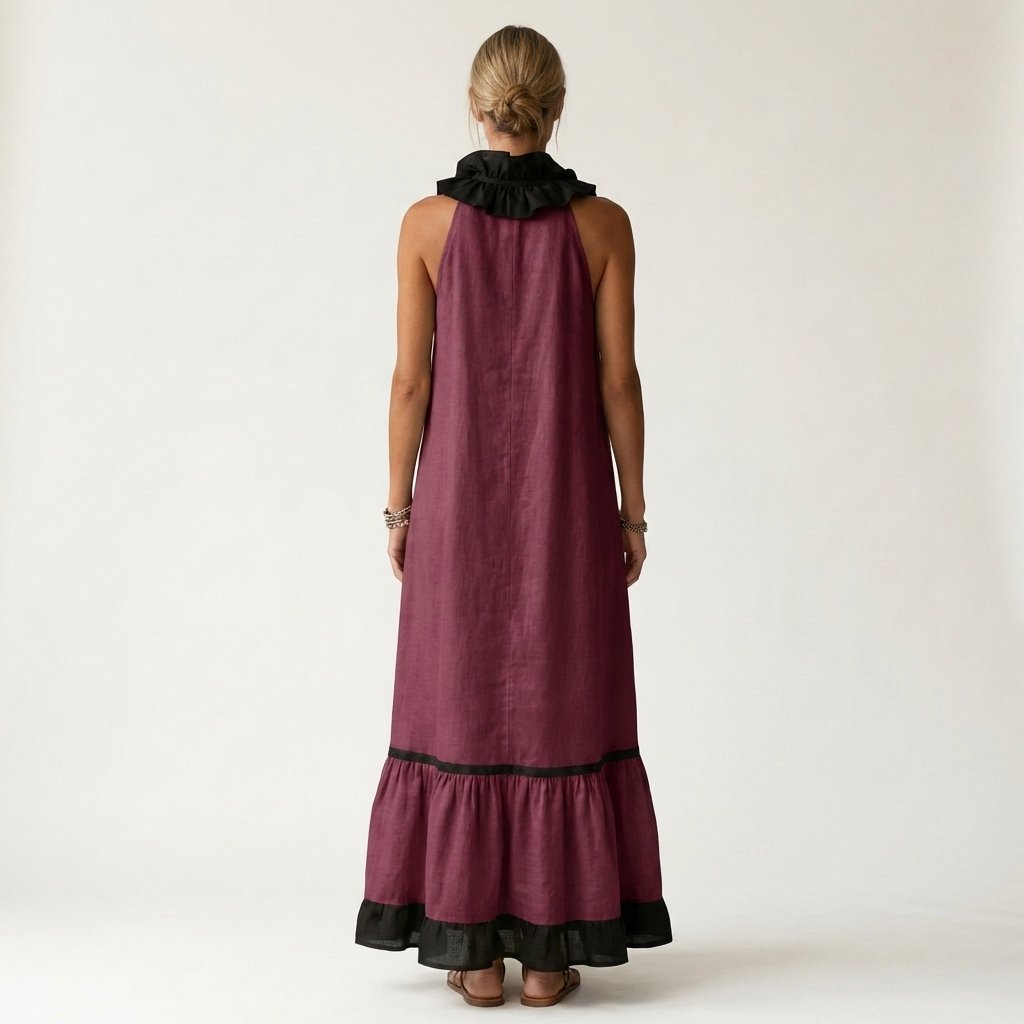 Mayline | Sleeveless Ruffle-Neck Contrast-Trim Maxi Dress Alternate