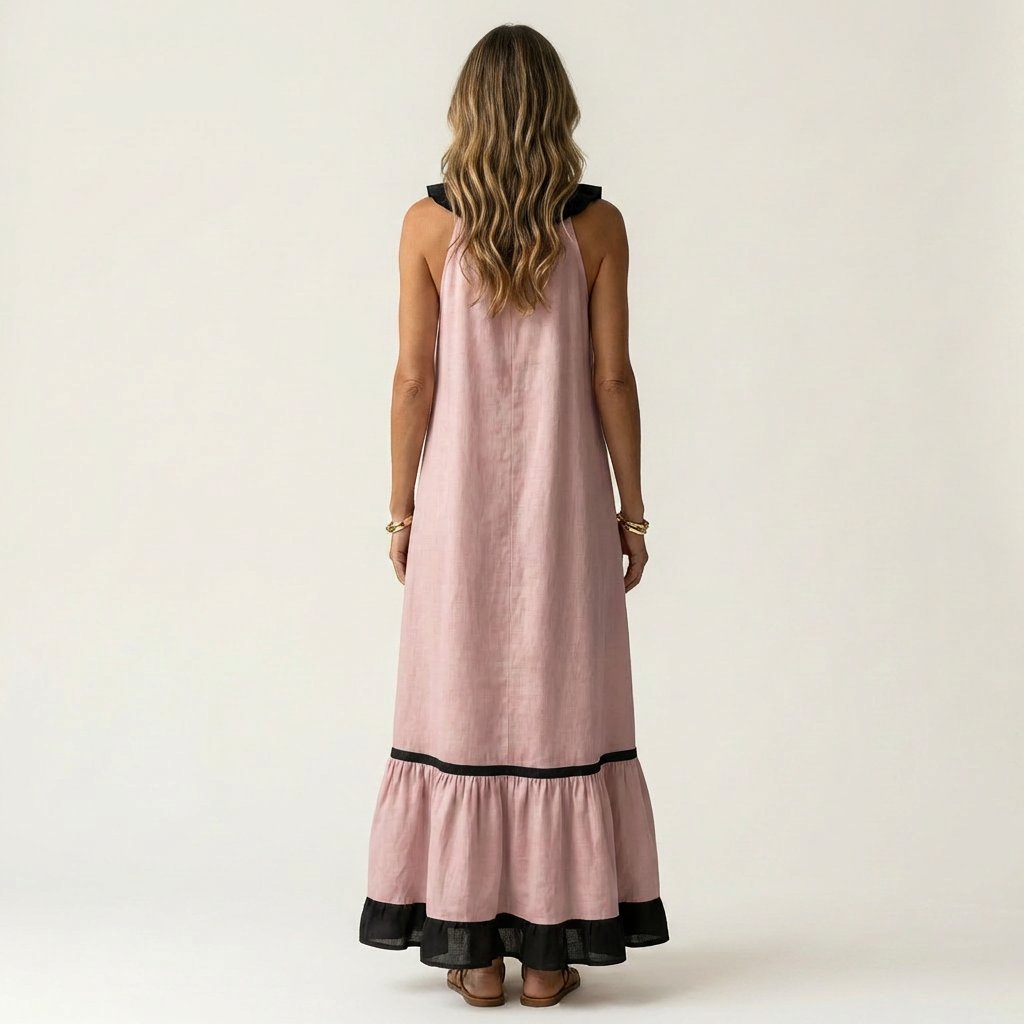 Mayline | Sleeveless Ruffle-Neck Contrast-Trim Maxi Dress Angle