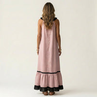 Mayline | Sleeveless Ruffle-Neck Contrast-Trim Maxi Dress Angle