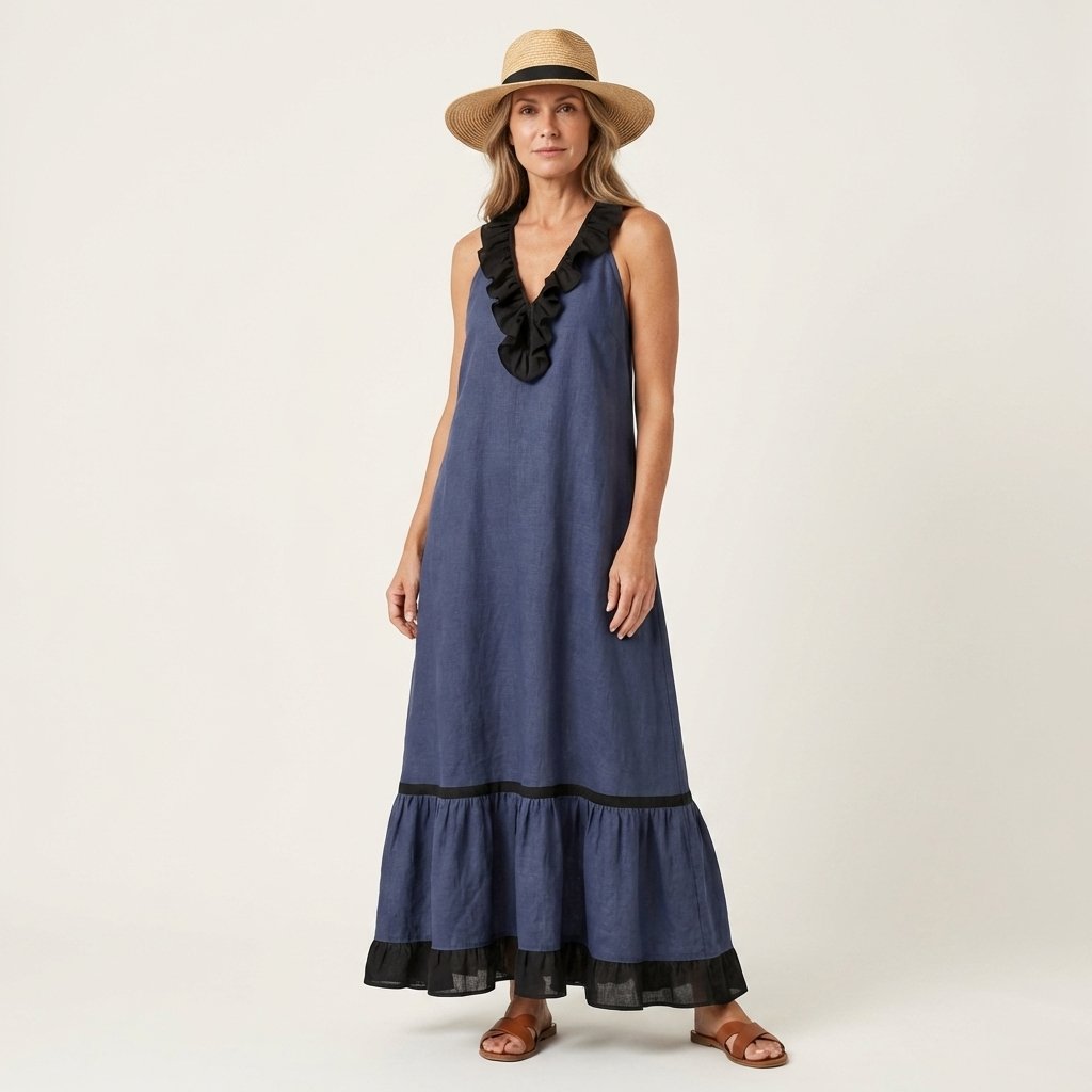 Mayline | Sleeveless Ruffle-Neck Contrast-Trim Maxi Dress Back