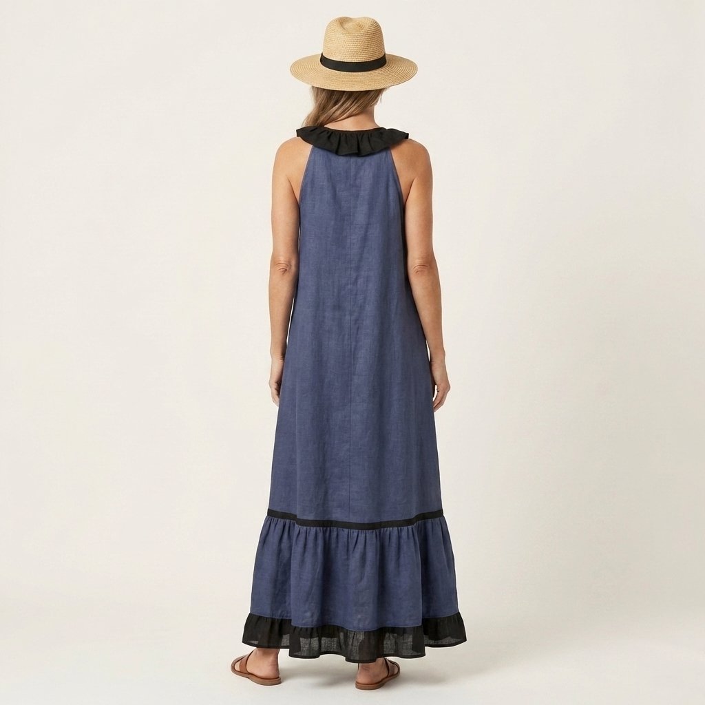 Mayline | Sleeveless Ruffle-Neck Contrast-Trim Maxi Dress Close Up