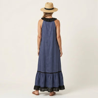 Mayline | Sleeveless Ruffle-Neck Contrast-Trim Maxi Dress Close Up