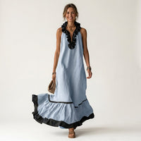 Mayline | Sleeveless Ruffle-Neck Contrast-Trim Maxi Dress Detail