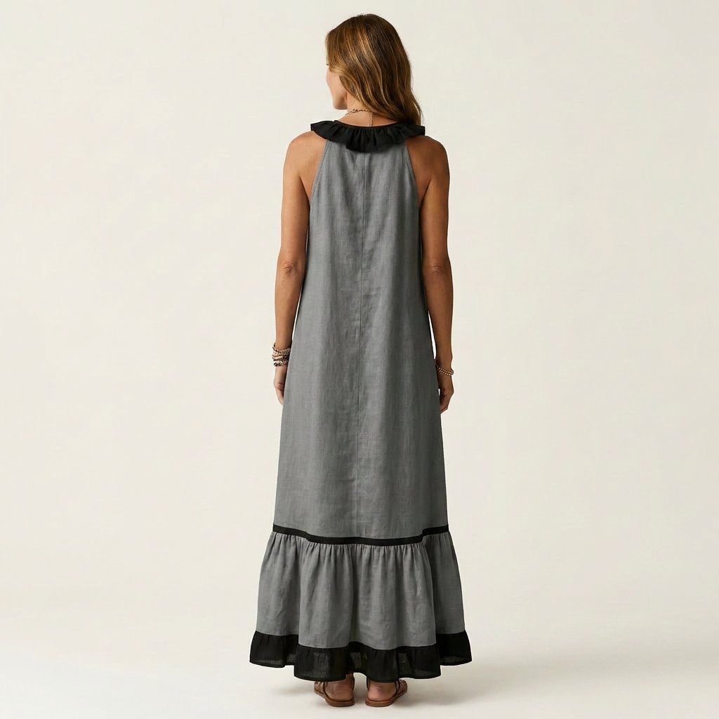 Mayline | Sleeveless Ruffle-Neck Contrast-Trim Maxi Dress Front