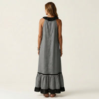 Mayline | Sleeveless Ruffle-Neck Contrast-Trim Maxi Dress Front