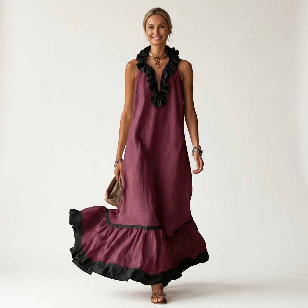 Mayline | Sleeveless Ruffle-Neck Contrast-Trim Maxi Dress Full
