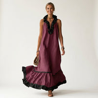 Mayline | Sleeveless Ruffle-Neck Contrast-Trim Maxi Dress Full