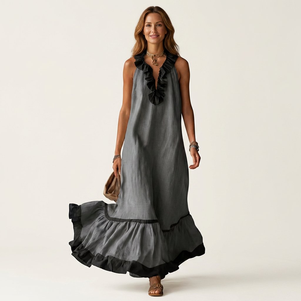 Mayline | Sleeveless Ruffle-Neck Contrast-Trim Maxi Dress Hero