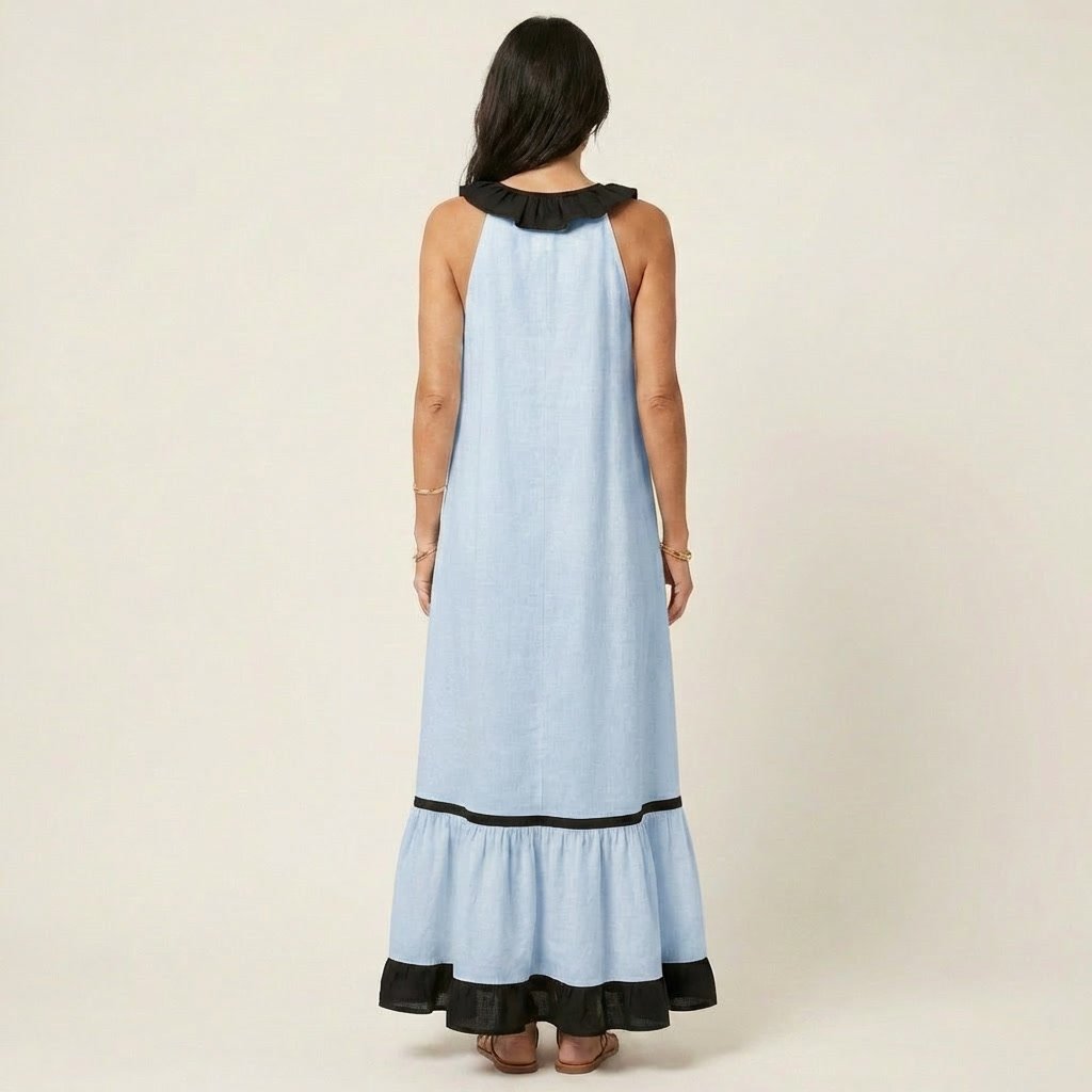 Mayline | Sleeveless Ruffle-Neck Contrast-Trim Maxi Dress Side