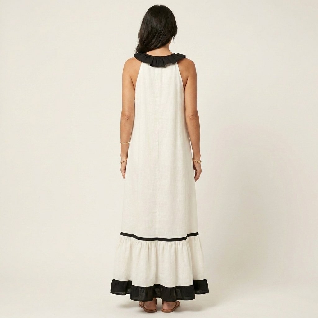 Mayline | Sleeveless Ruffle-Neck Contrast-Trim Maxi Dress View 12