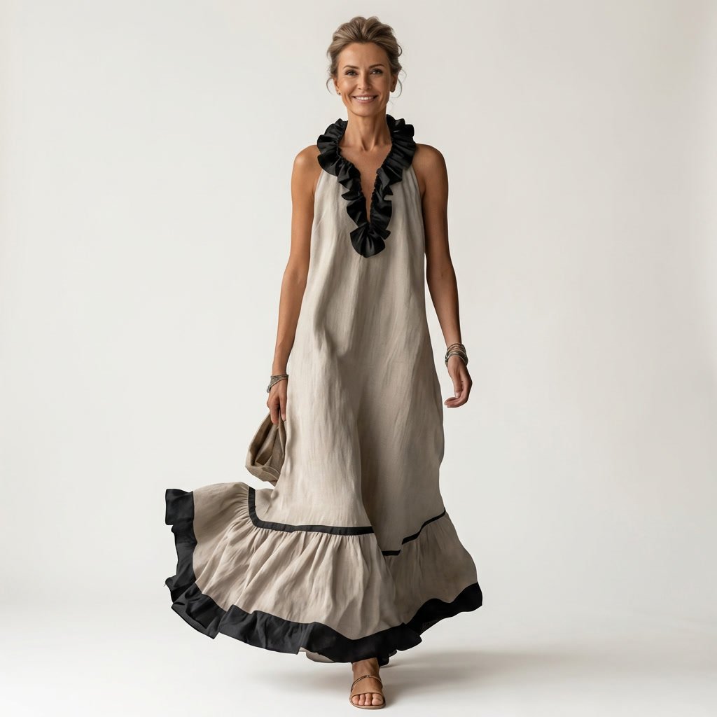 Mayline | Sleeveless Ruffle-Neck Contrast-Trim Maxi Dress View 13