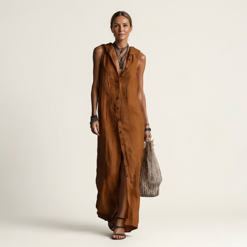 Mirabell | Hooded Button-Front Sleeveless Maxi Dress Back