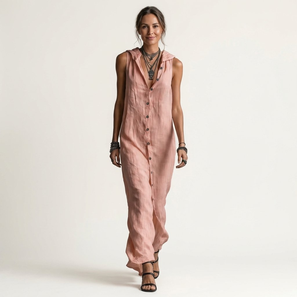Mirabell | Hooded Button-Front Sleeveless Maxi Dress Detail