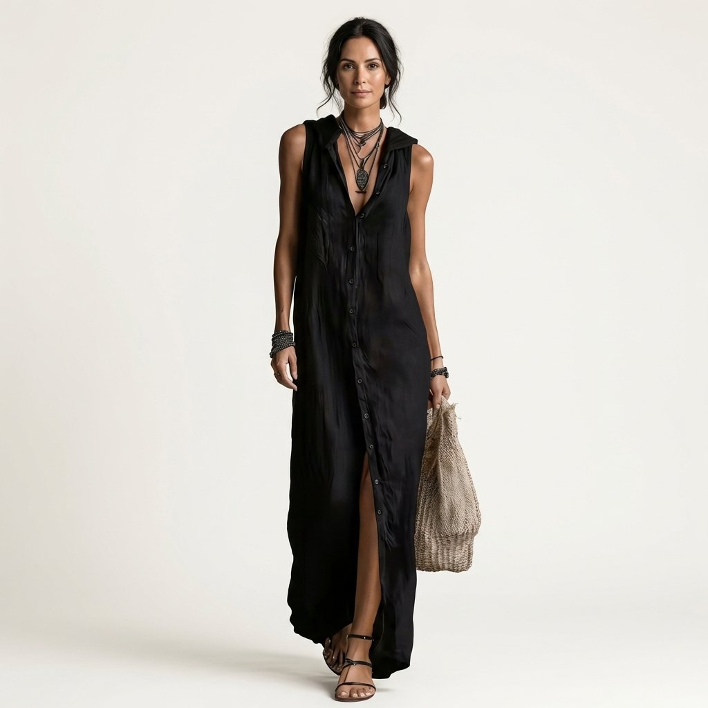 Mirabell | Hooded Button-Front Sleeveless Maxi Dress Full
