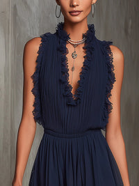 Navy Ruffle Trim Pleated Chiffon Lace Jumpsuit Front