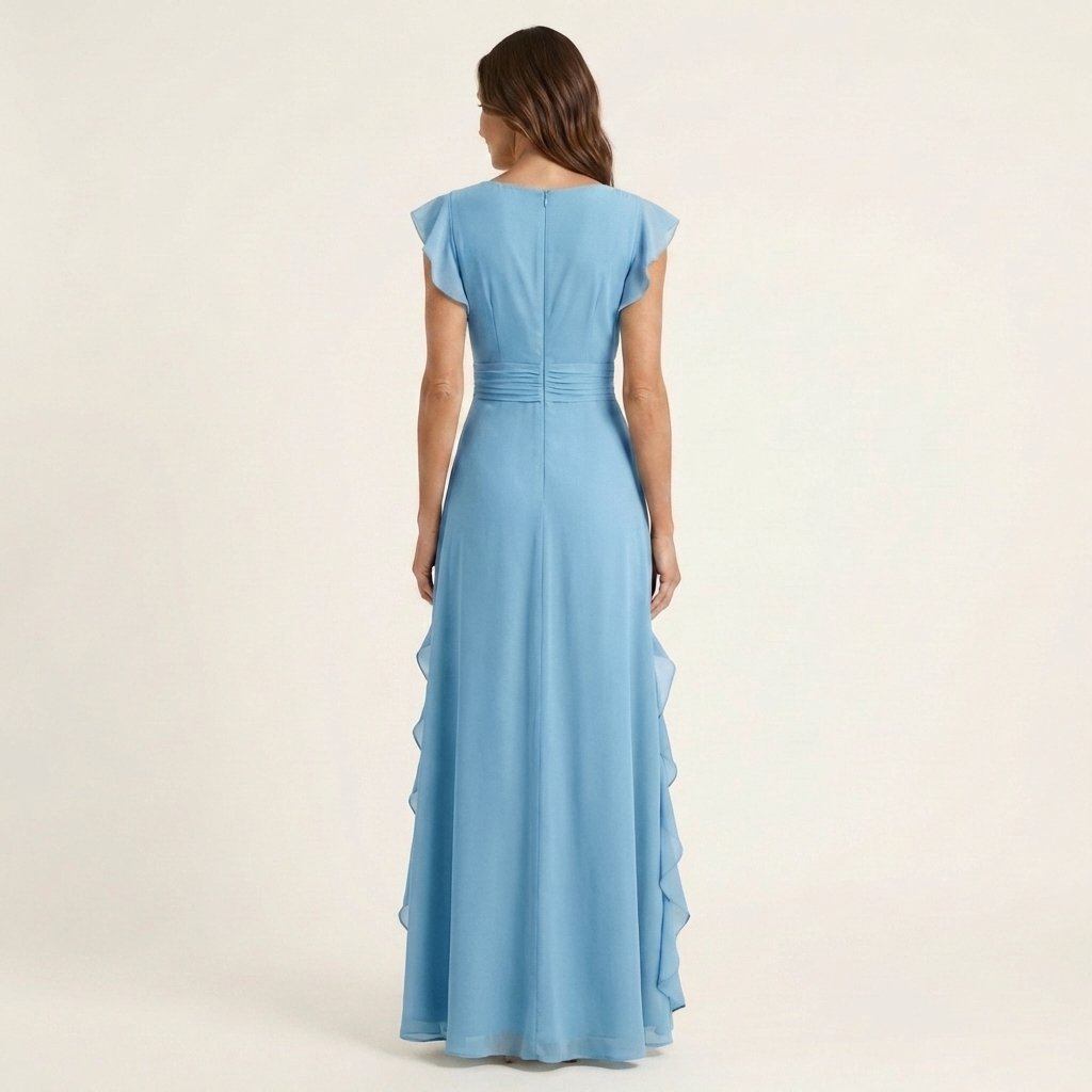 Nellyana | Wrap-Style V-Neck Flutter-Sleeve Cascading Ruffle Maxi Dress Angle