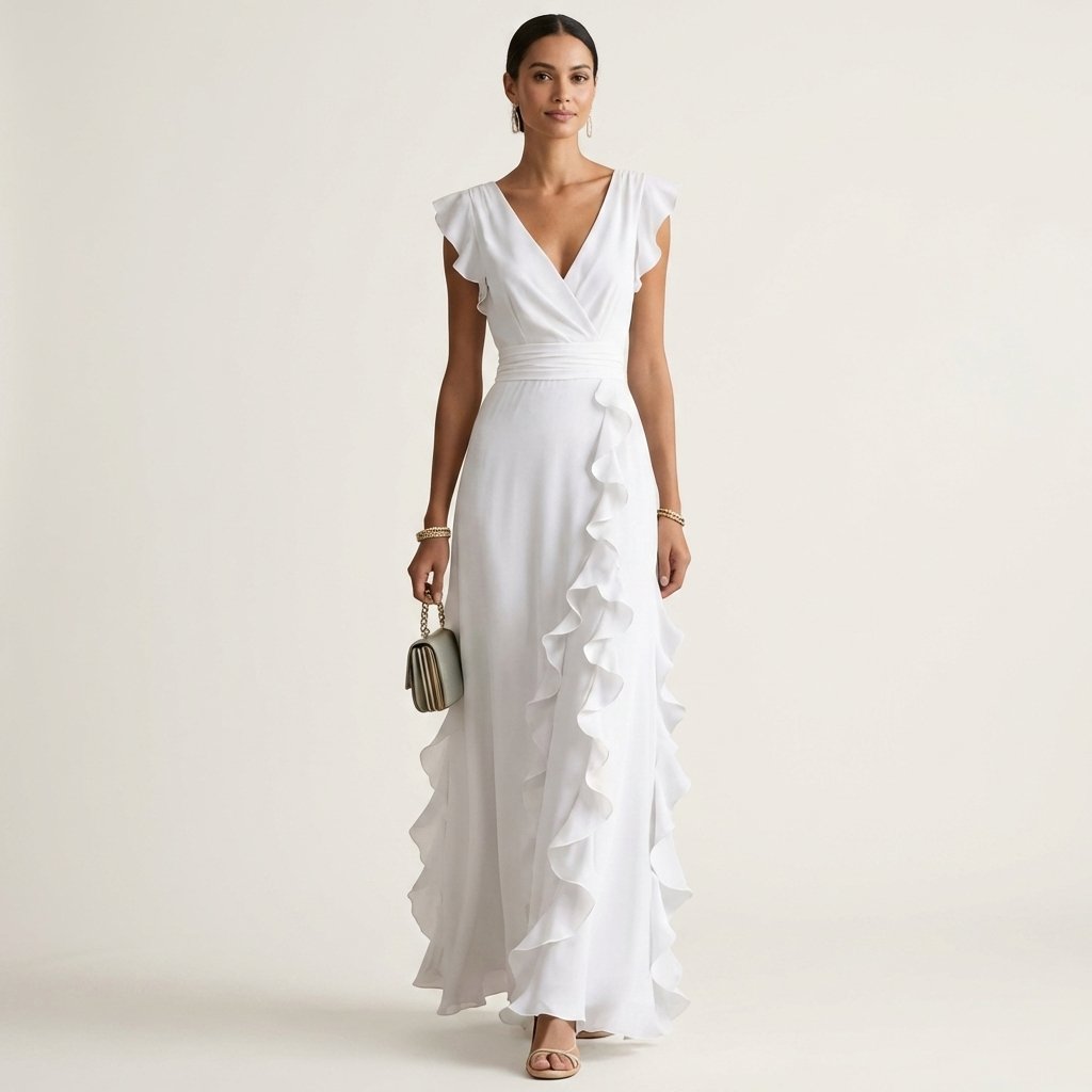 Nellyana | Wrap-Style V-Neck Flutter-Sleeve Cascading Ruffle Maxi Dress Back