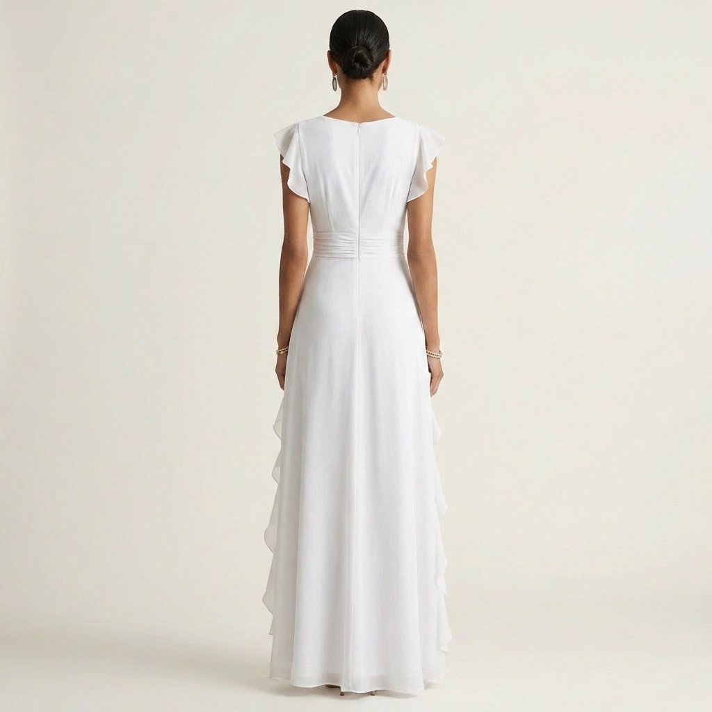 Nellyana | Wrap-Style V-Neck Flutter-Sleeve Cascading Ruffle Maxi Dress Close Up