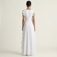 Nellyana | Wrap-Style V-Neck Flutter-Sleeve Cascading Ruffle Maxi Dress Close Up
