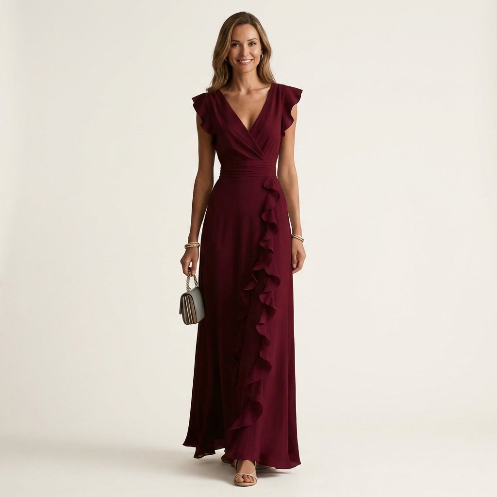 Nellyana | Wrap-Style V-Neck Flutter-Sleeve Cascading Ruffle Maxi Dress Detail