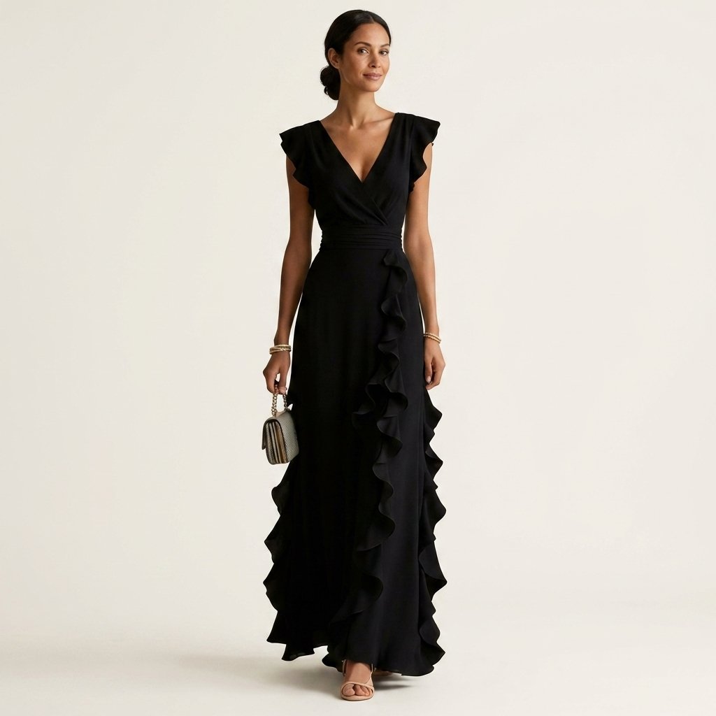 Nellyana | Wrap-Style V-Neck Flutter-Sleeve Cascading Ruffle Maxi Dress Full