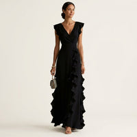 Nellyana | Wrap-Style V-Neck Flutter-Sleeve Cascading Ruffle Maxi Dress Full