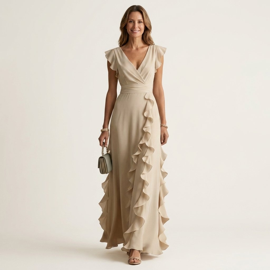 Nellyana | Wrap-Style V-Neck Flutter-Sleeve Cascading Ruffle Maxi Dress Hero