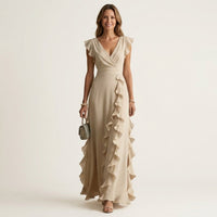 Nellyana | Wrap-Style V-Neck Flutter-Sleeve Cascading Ruffle Maxi Dress Hero