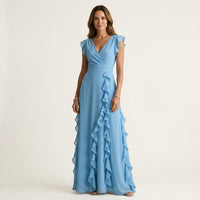Nellyana | Wrap-Style V-Neck Flutter-Sleeve Cascading Ruffle Maxi Dress Lifestyle