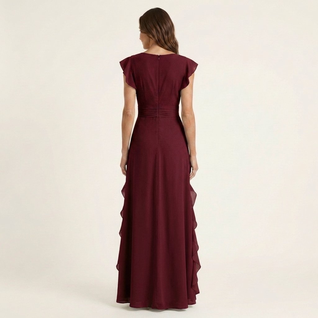 Nellyana | Wrap-Style V-Neck Flutter-Sleeve Cascading Ruffle Maxi Dress Side