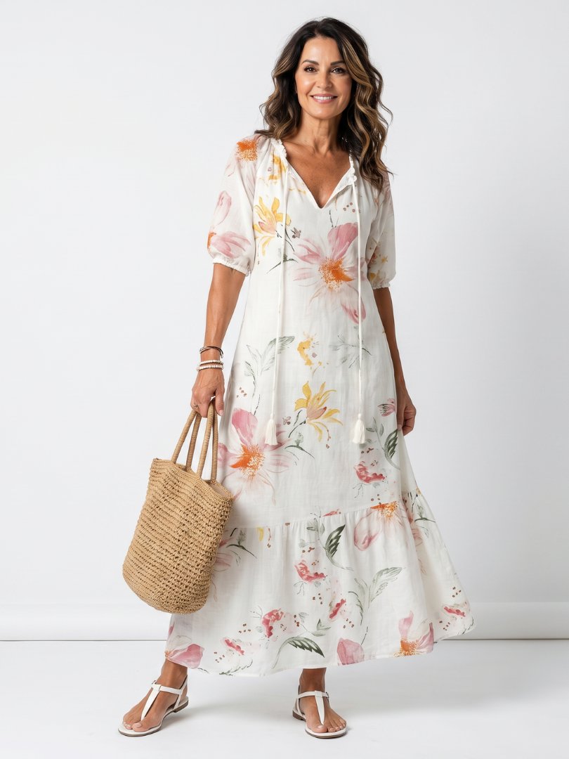 Noa | Soft Floral Tiered Tassel Midi Dress Hero
