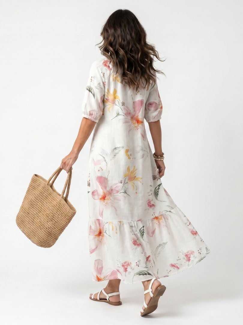 Noa | Soft Floral Tiered Tassel Midi Dress Side