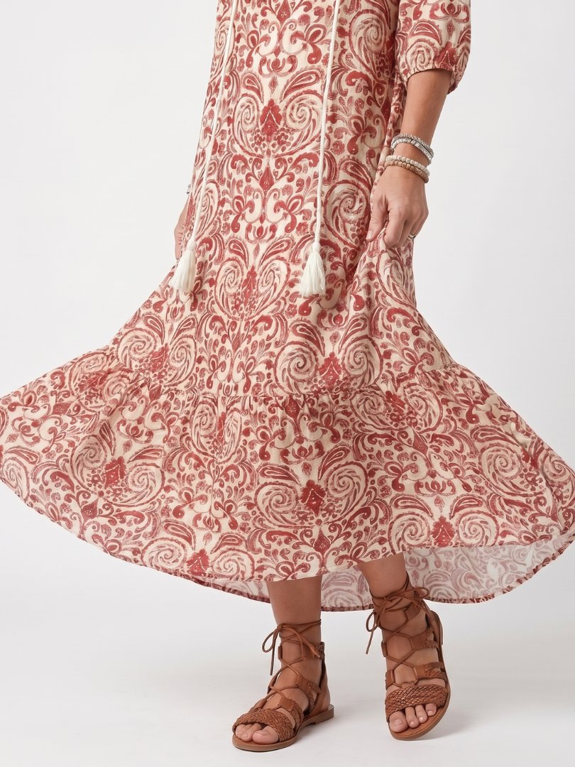 Noelle | Ornate Print Tassel Tie Midi Dress Detail