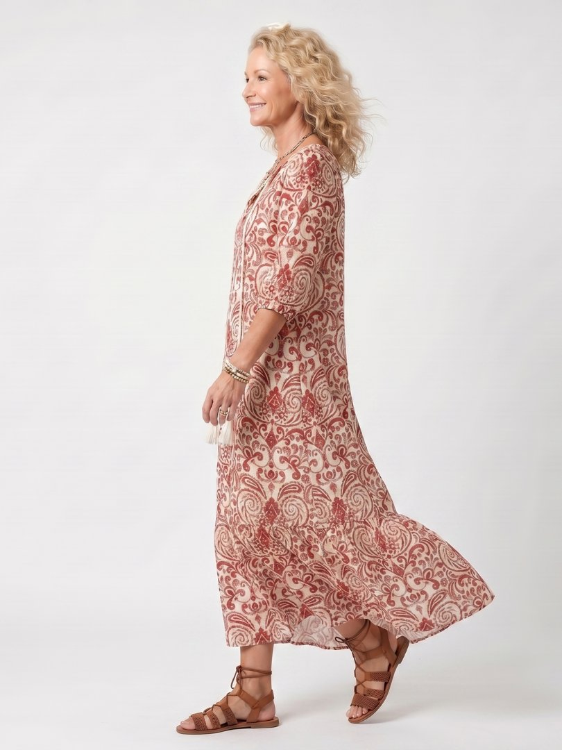 Noelle | Ornate Print Tassel Tie Midi Dress Front